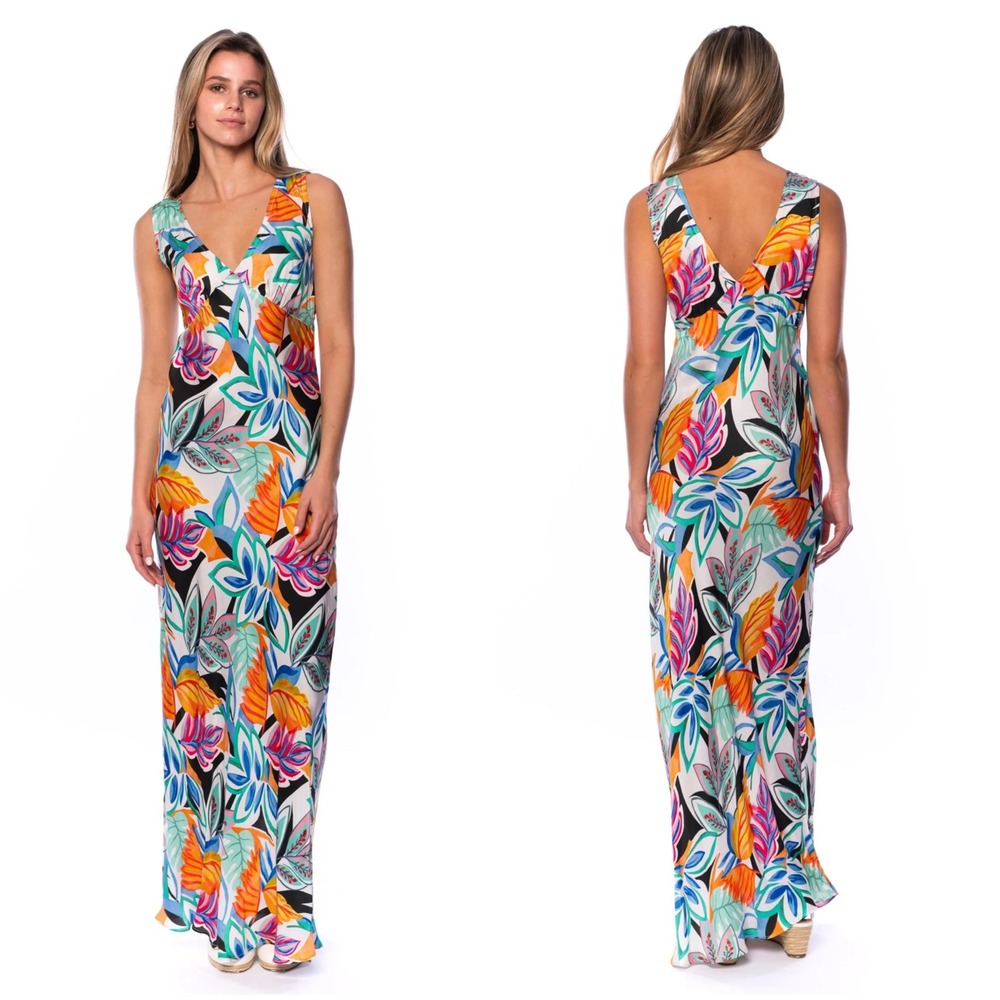 Mahila Tolani Anthropologie Womens Tropical Floral V-Neck Maxi Slip Dress Sz M